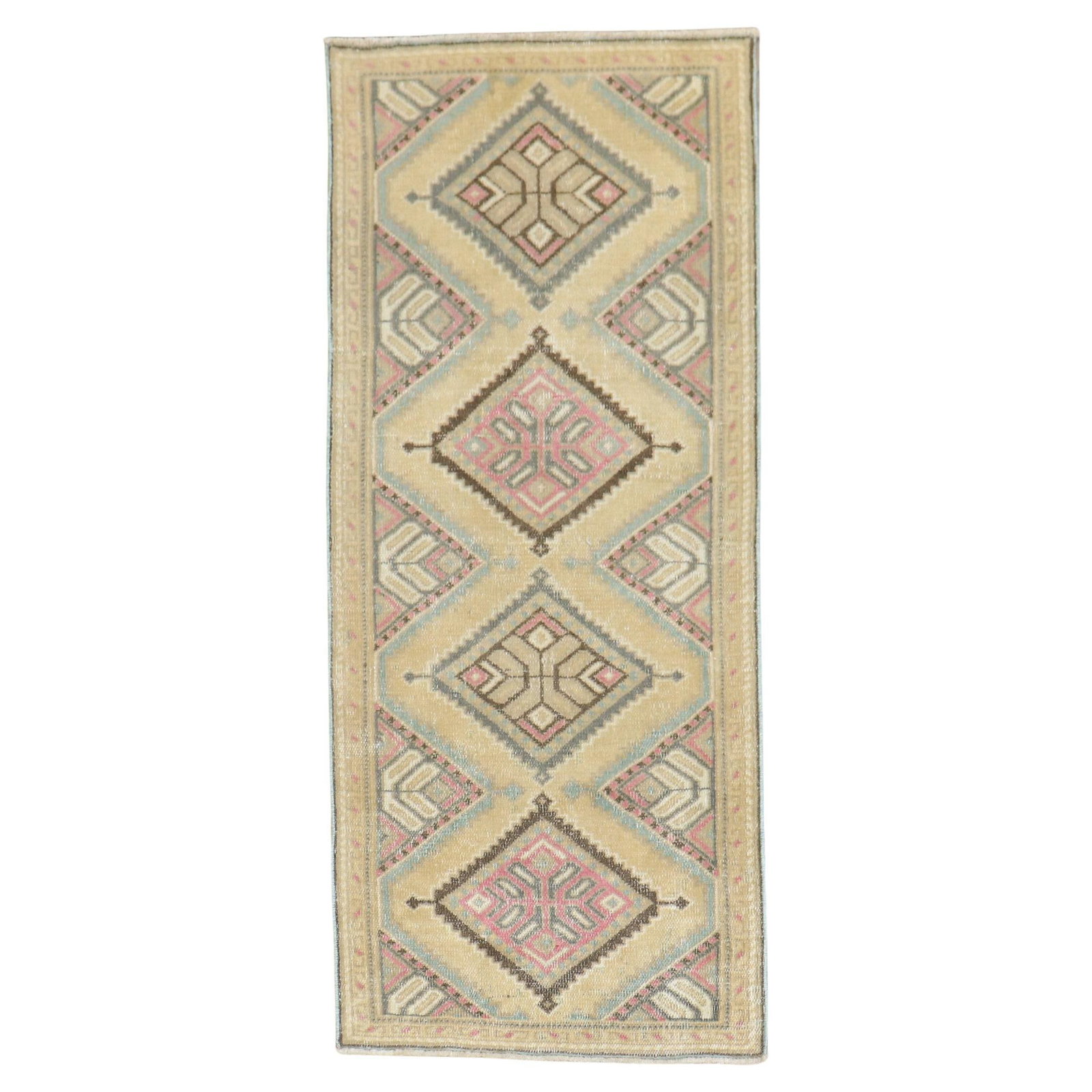 Mid-20th Century Wool Rug with Geometric Pattern 24 x 50 Inches: Mid-20th Century Wool Rug with Geometric Pattern 24 x 50 Inches This exquisite vintage Persian small rug showcases a beautiful geometric design, perfect for enhancing any space. Hand-knotted from high
