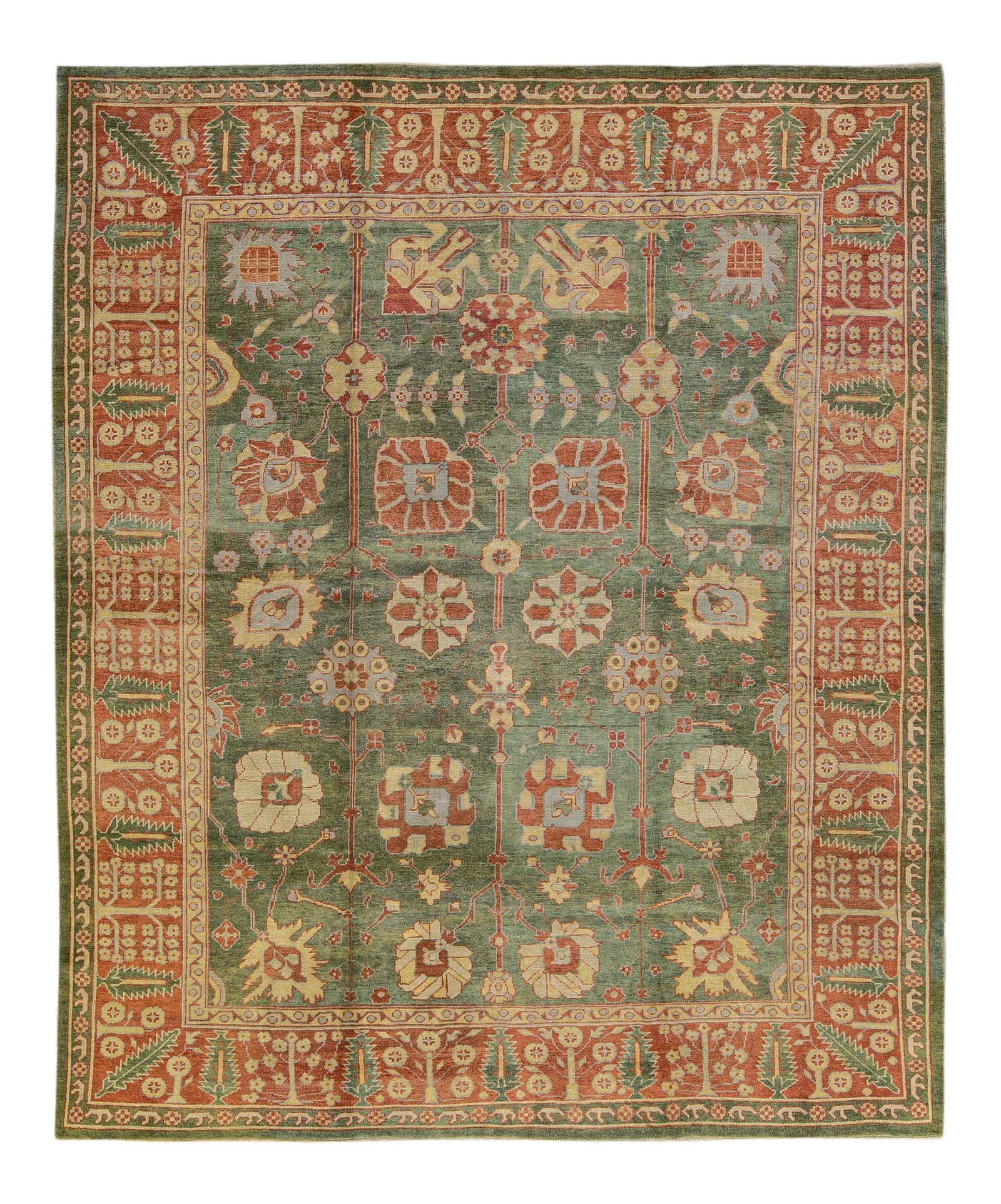 Turkish Oushak Handmade Green Wool Rug Floral Motif 9'11 x 12': Turkish Oushak Handmade Green Wool Rug Floral Motif 9'11 x 12' Enhance your space with this stunning modern Oushak hand-knotted wool rug. Featuring a vibrant green field, the rug is beautifully adorne
