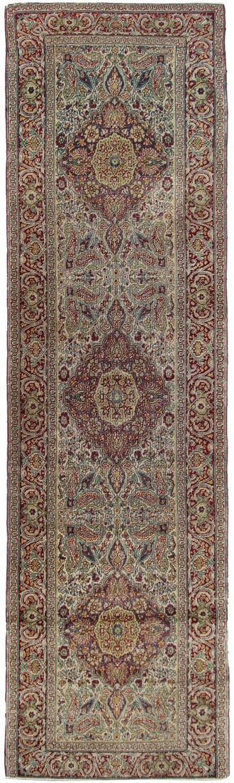 Antique Turkish Oushak Sivas Wool Runner 3 x 9 Circa 1890: Antique Turkish Oushak Sivas Wool Runner 3 x 9 Circa 1890 This is an original antique Turkish Oushak runner rug from the Sivas region, dating to circa 1890. Hand-knotted from 100% wool with a cotton f