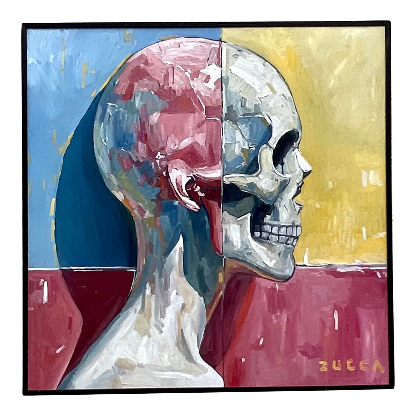Eclectic Vintage Boho Skull Oil Painting on Board 46.25x46.25: Eclectic Vintage Boho Skull Oil Painting on Board 46.25x46.25 Embrace the eclectic spirit of American bohemia with this Vintage Boho Original Skull Oil Painting on Board. Featuring bold imagery and vi