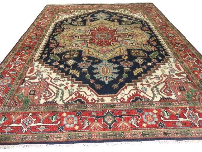 Navy Blue Handmade Wool Rug 9'2 x 11'11 Bold Patterns: Navy Blue Handmade Wool Rug 9'2 x 11'11 Bold Patterns Free continental US Shipping Enhance your living space with this stunning handmade wool rug, featuring bold geometric patterns and vibrant colors.