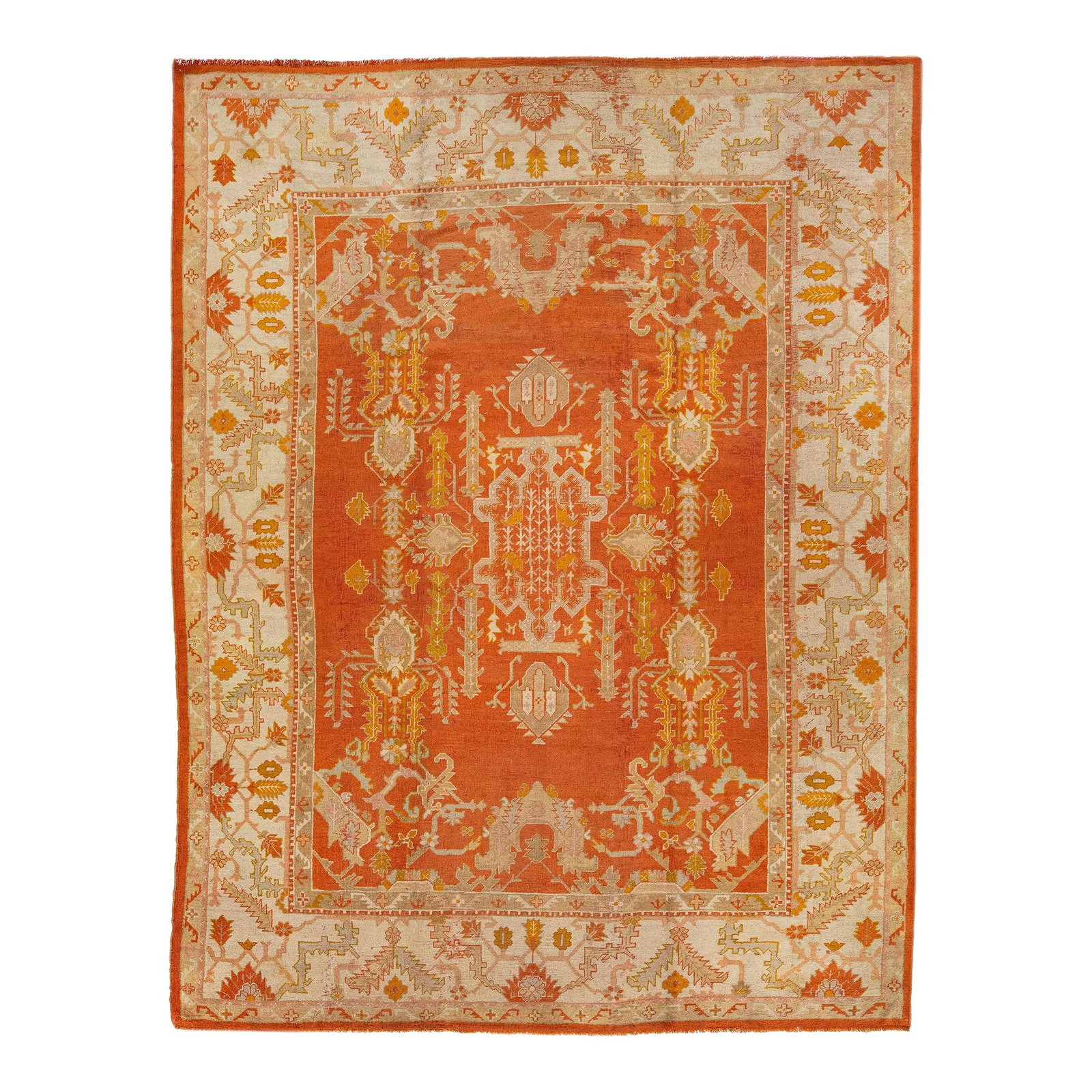 Late 19th Century Handmade Turkish Oushak Wool Rug Orange Medallion 10'2 x 13'10: Late 19th Century Handmade Turkish Oushak Wool Rug Orange Medallion 10'2 x 13'10 This stunning late 19th-century Turkish Oushak rug showcases a vibrant orange color field, beautifully enhanced by a me