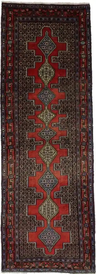 Vintage Wool Hand-Knotted Tribal Runner Rug Geometric 3x9 Feet: Vintage Wool Hand-Knotted Tribal Runner Rug Geometric 3x9 Feet This is a hand-knotted wool runner rug featuring a geometric tribal design with a vintage theme. The rug displays a vibrant color palette