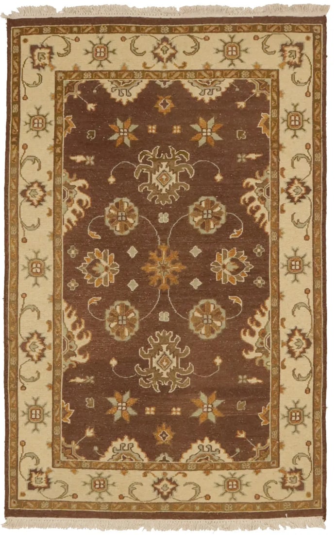 Hand-Knotted Wool Sumak Floral Area Rug 3'11 x 6'1 Entryway Accent: Hand-Knotted Wool Sumak Floral Area Rug 3'11 x 6'1 Entryway Accent This hand-knotted Sumak floral wool rug features a dark brown, cream, and marigold color palette with a modern floral pattern. Crafte