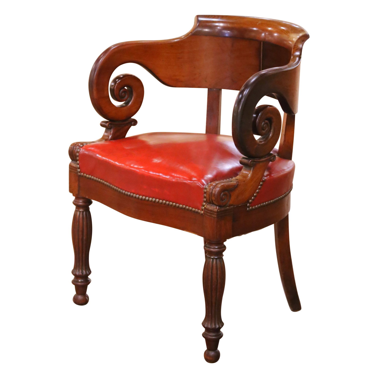 French Louis Philippe Walnut and Leather Desk Chair Circa 1860: French Louis Philippe Walnut and Leather Desk Chair Circa 1860 This antique French Louis Philippe armchair, crafted circa 1860, features a solid walnut frame with a warm, rich patina and hand-carved d