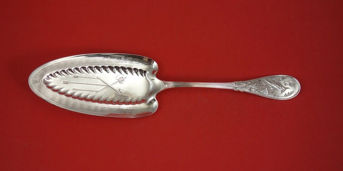 Tiffany Japanese Sterling Silver Pie Server 10 3/4 inch: Tiffany Japanese Sterling Silver Pie Server 10 3/4 inch This sterling silver pie server is crafted in the Japanese pattern by Tiffany & Co., dating from 1850-1899. The flat handle features intricate d