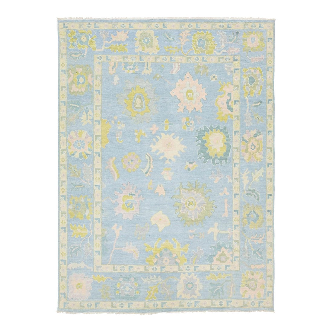 9' x 12' Hand Knotted Wool Oushak Style Rug Blue Citron Floral: 9' x 12' Hand Knotted Wool Oushak Style Rug Blue Citron Floral Modern Oushak style hand-knotted wool area rug with a powder blue field and oversized floral motifs in soft citron, blush pink, and sage 