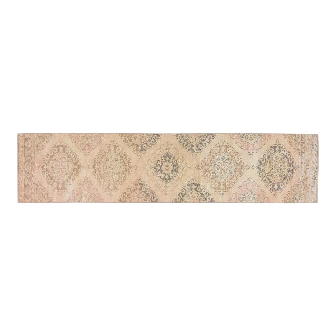 Turkish Anatolian Wool Runner Rug Blush Hand Knotted 2'9" x 12'2": Turkish Anatolian Wool Runner Rug Blush Hand Knotted 2'9" x 12'2" This vintage Turkish Anatolian hand knotted runner rug features natural blush tones, a contemporary style, and a soft texture. Crafted