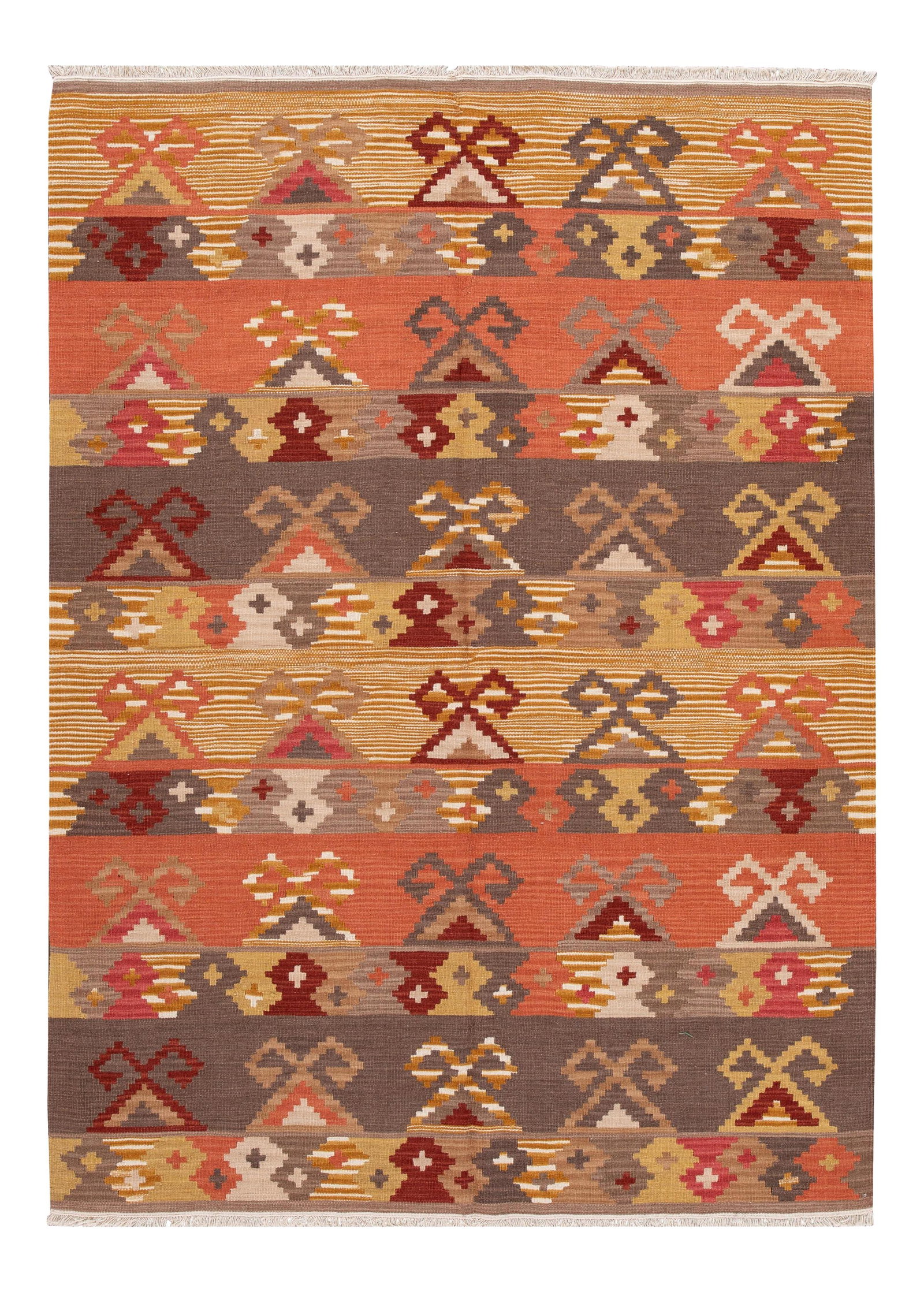 Hand-Woven Modern Kilim Rug Tan Geometric Design 5'8 x 8': Hand-Woven Modern Kilim Rug Tan Geometric Design 5'8 x 8' Enhance your living space with this stunning hand-woven modern Kilim rug. Featuring a tan field adorned with vibrant multi-color accents, this