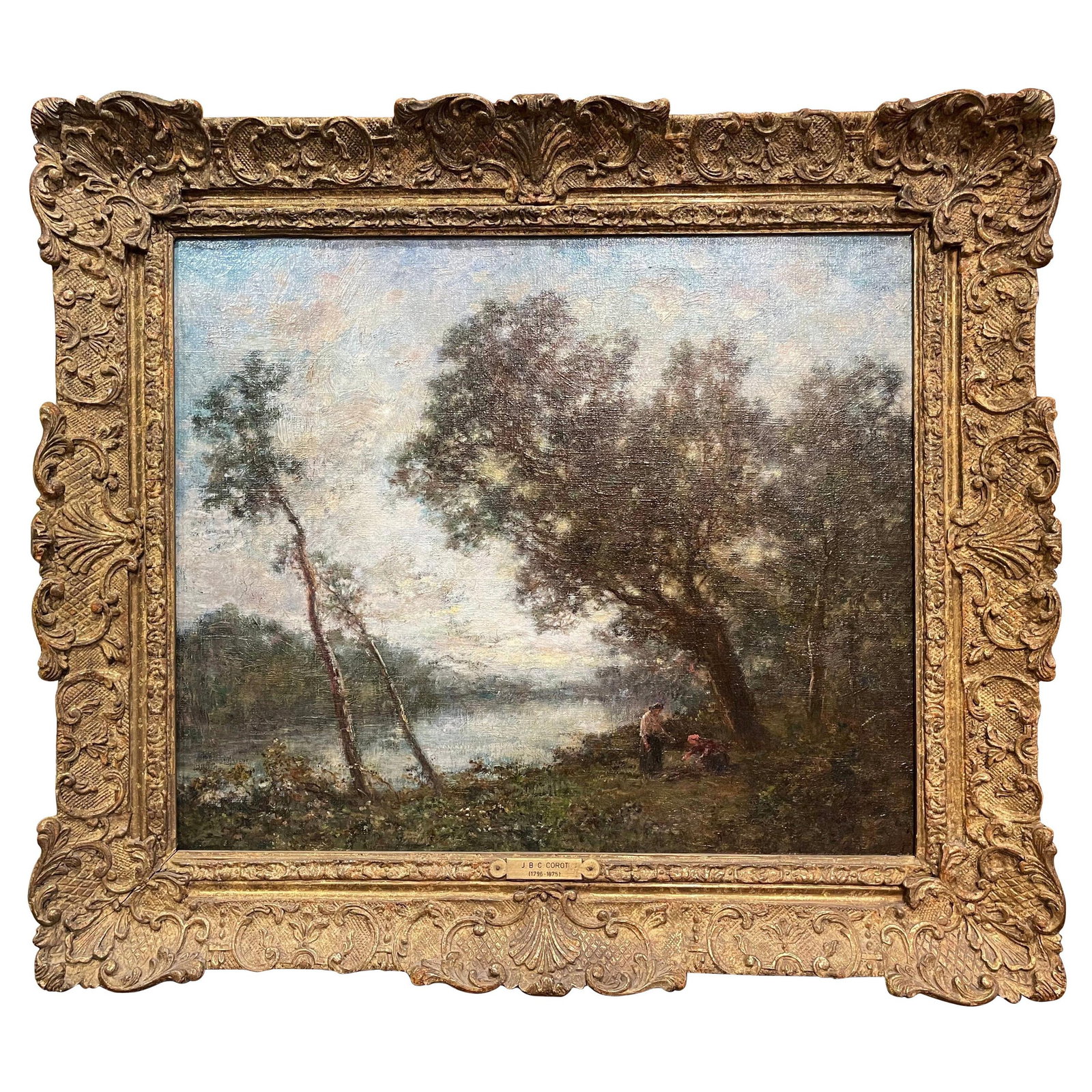 19th Century French Landscape Painting by Corot in Giltwood Frame: 19th Century French Landscape Painting by Corot in Giltwood Frame Experience the elegance of 19th century France with this exquisite landscape painting by Jean-Baptiste-Camille Corot, beautifully set 