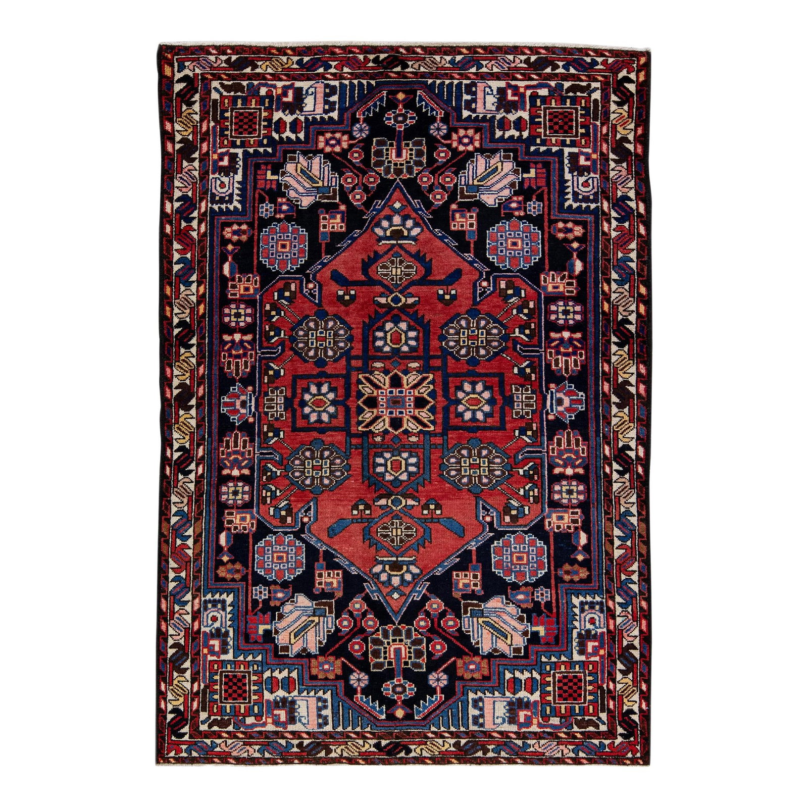 Handmade Persian Wool Rug Navy Blue Geometric 4'2" x 6'4": Handmade Persian Wool Rug Navy Blue Geometric 4'2" x 6'4" Enhance your space with this stunning Vintage Persian hand-knotted wool rug featuring a rich navy blue field adorned with multicolor accents i