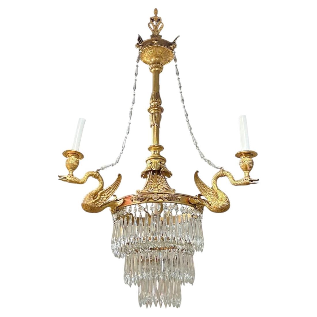 Neoclassical Gilt Bronze Crystal Chandelier with Swan Form Arms (1 of 9)