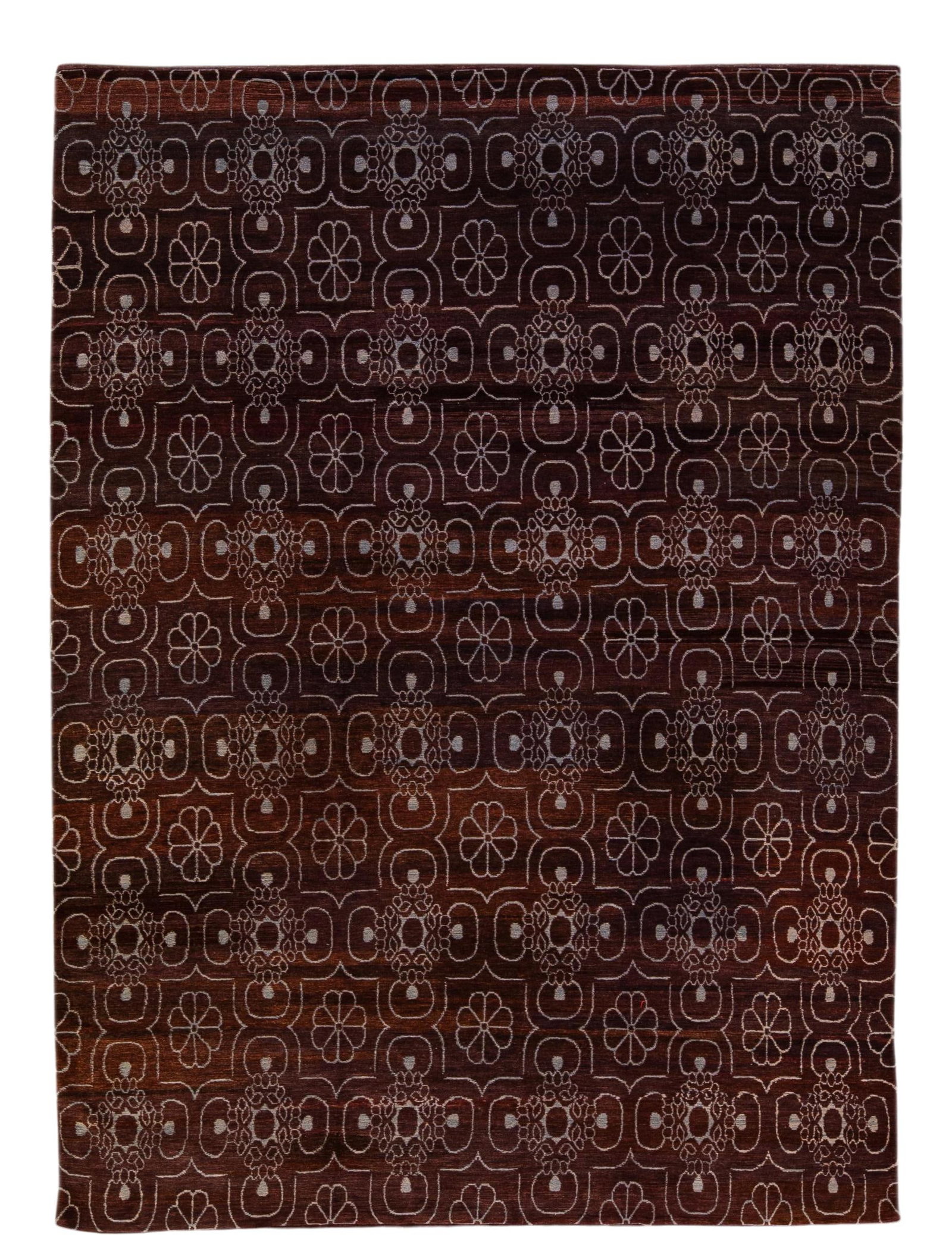 Handmade Tibetan Wool Silk Rug Burgundy Arabesque 9'1 x 12'9: Handmade Tibetan Wool Silk Rug Burgundy Arabesque 9'1 x 12'9 Enhance your space with this exquisite modern Tibetan hand-knotted rug, crafted from a luxurious blend of wool and silk. Featuring a rich b