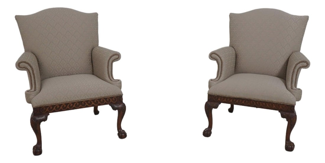 Set of 2 Chippendale Style Ball and Claw Armchairs Newly Upholstered: Set of 2 Chippendale Style Ball and Claw Armchairs Newly Upholstered This pair of Ardley Hall chairs features classic Chippendale styling with ball and claw feet, showcasing quality construction and a