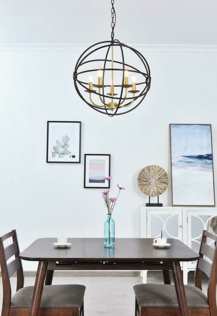 Octavia Modern 5-Light Brass and Brown Metal Sphere Chandelier Pendant: Octavia Modern 5-Light Brass and Brown Metal Sphere Chandelier Pendant This modern pendant chandelier features a unique sphere globe design with a brass and dark brown finish. Constructed from metal, 