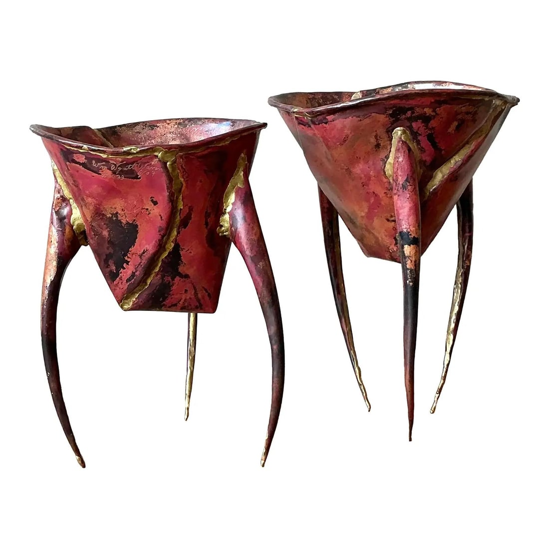 Set of 2 Mid Century Brutalist Patina Metal Tripod Sculptural Bowls (1 of 8)