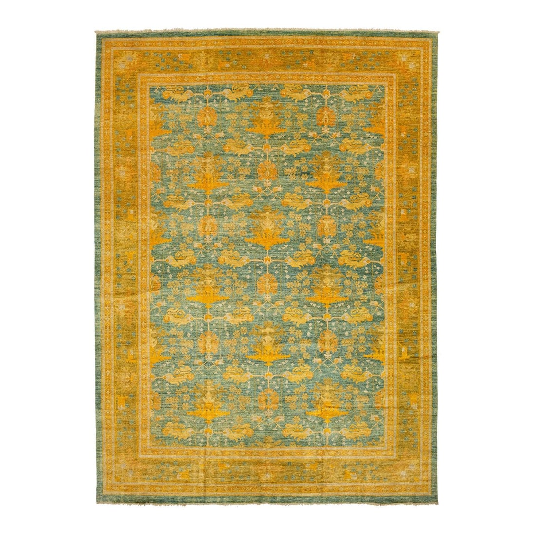 Handmade Blue Wool Mahal Style Oversized Floral Rug 14' x 18'10": Handmade Blue Wool Mahal Style Oversized Floral Rug 14' x 18'10" Enhance your living space with this stunning Mahal-style wool rug, a modern classic that brings elegance to any room. Hand-knotted with