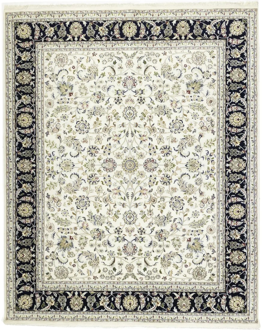 Hand-Knotted Wool Indo-Nain Area Rug 7'11 x 9'10 Floral Pattern: Hand-Knotted Wool Indo-Nain Area Rug 7'11 x 9'10 Floral Pattern This handmade Indo-Nain Oriental rug features a classic floral design in cream, dark navy, buff, red, light grey, green, tan, and brown 