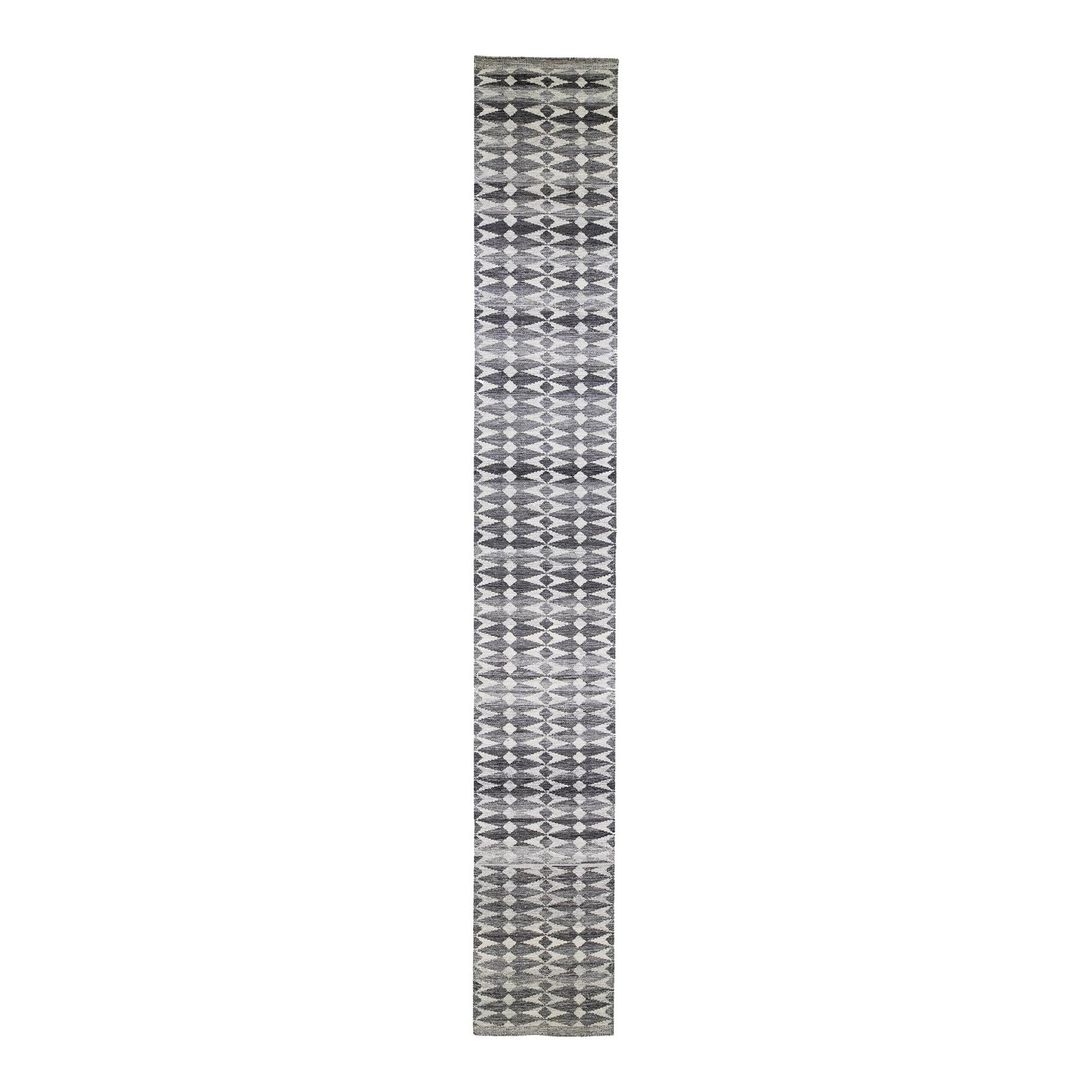 Gray Swedish Handmade Wool Runner with Abstract Design 3'2'' x 21'10'': Gray Swedish Handmade Wool Runner with Abstract Design 3'2'' x 21'10'' This stunning handmade wool runner showcases a modern Swedish style with a sophisticated gray field and striking white accents. T