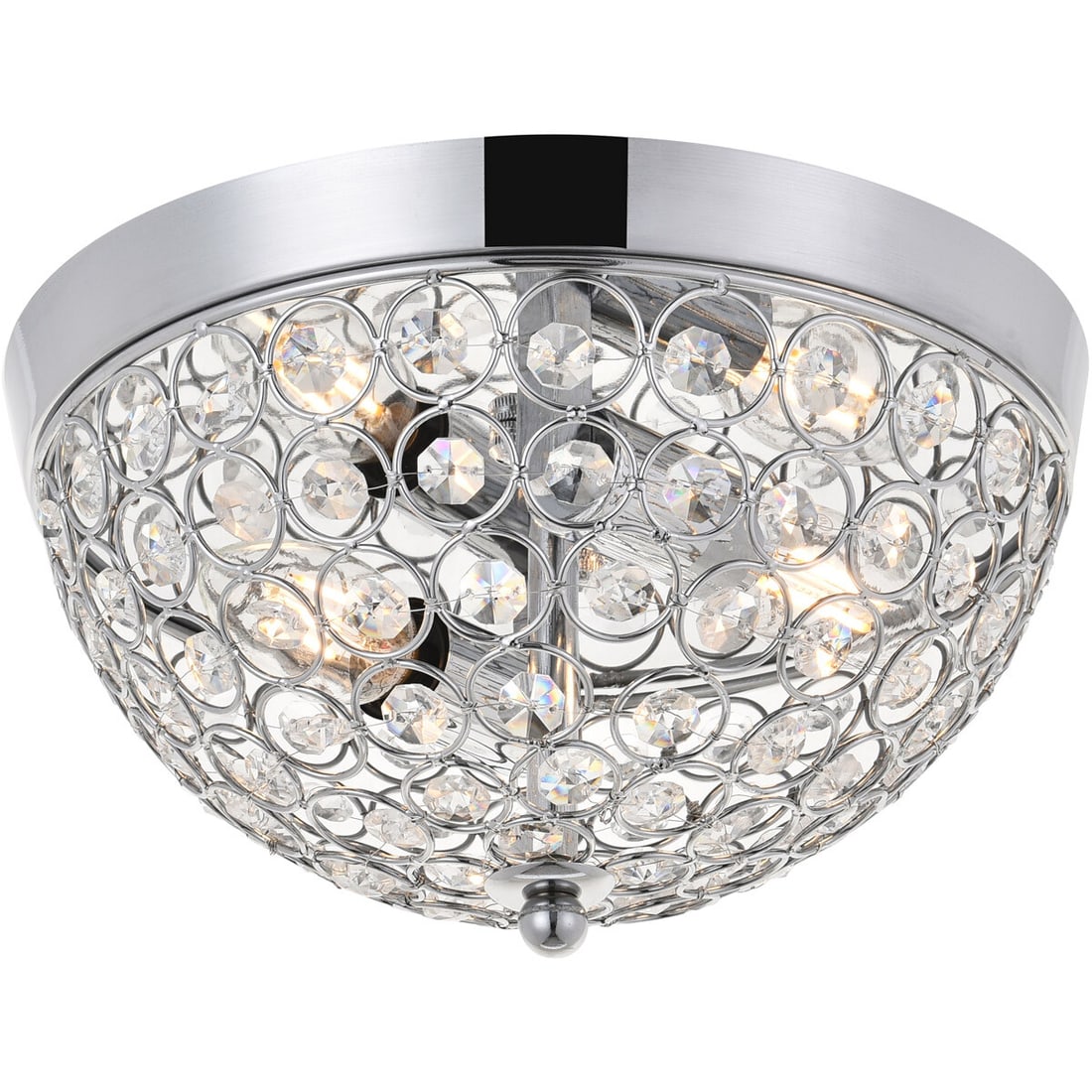 Living District Taye Chrome Crystal Flush Mount Chandelier 2 Light 10 inch: Living District Taye Chrome Crystal Flush Mount Chandelier 2 Light 10 inch This modern flush mount chandelier features a semicircle chrome finish iron shade adorned with rows of open circles and facet