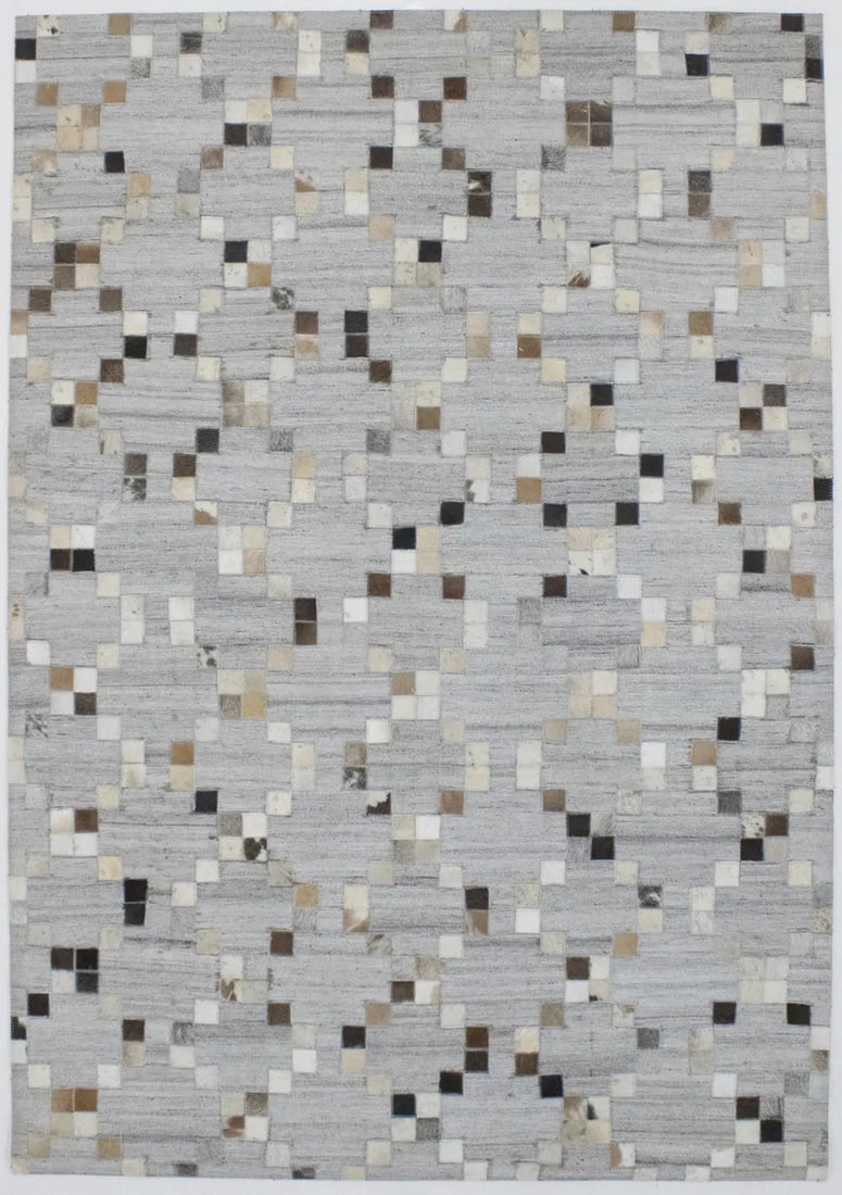 Gray Geometric Leather Patchwork Area Rug 4'3 x 6'1 Modern Handcrafted: Gray Geometric Leather Patchwork Area Rug 4'3 x 6'1 Modern Handcrafted This handcrafted patchwork rug features a contemporary geometric design in gray tones, made from genuine leather cowhide. The are