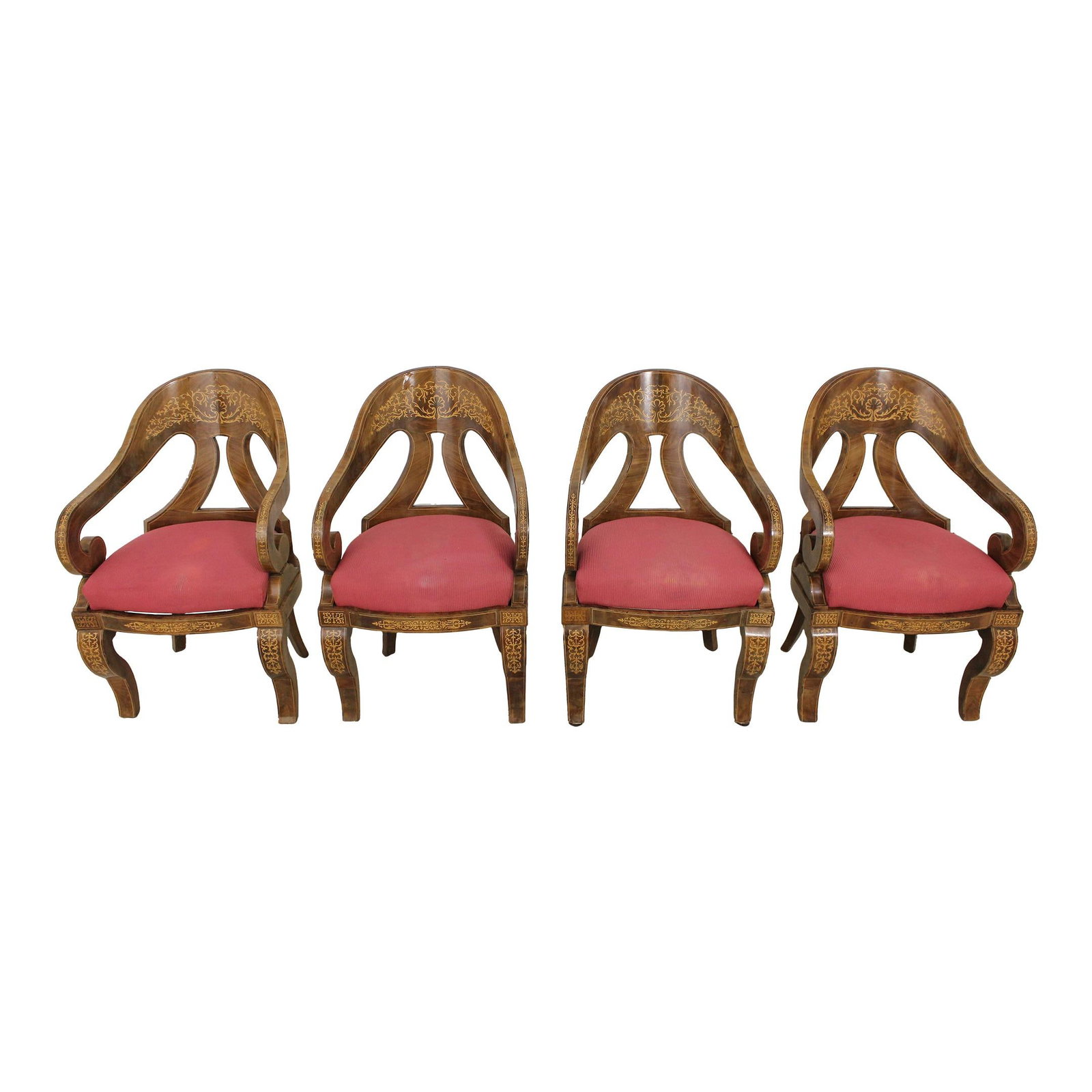 Set of 4 Charles X Antique Inlaid Armchairs Circa 1800-1820: Set of 4 Charles X Antique Inlaid Armchairs Circa 1800-1820 This set of four period antique Charles X inlaid armchairs showcases exquisite craftsmanship from the early 1800s, specifically dating from 
