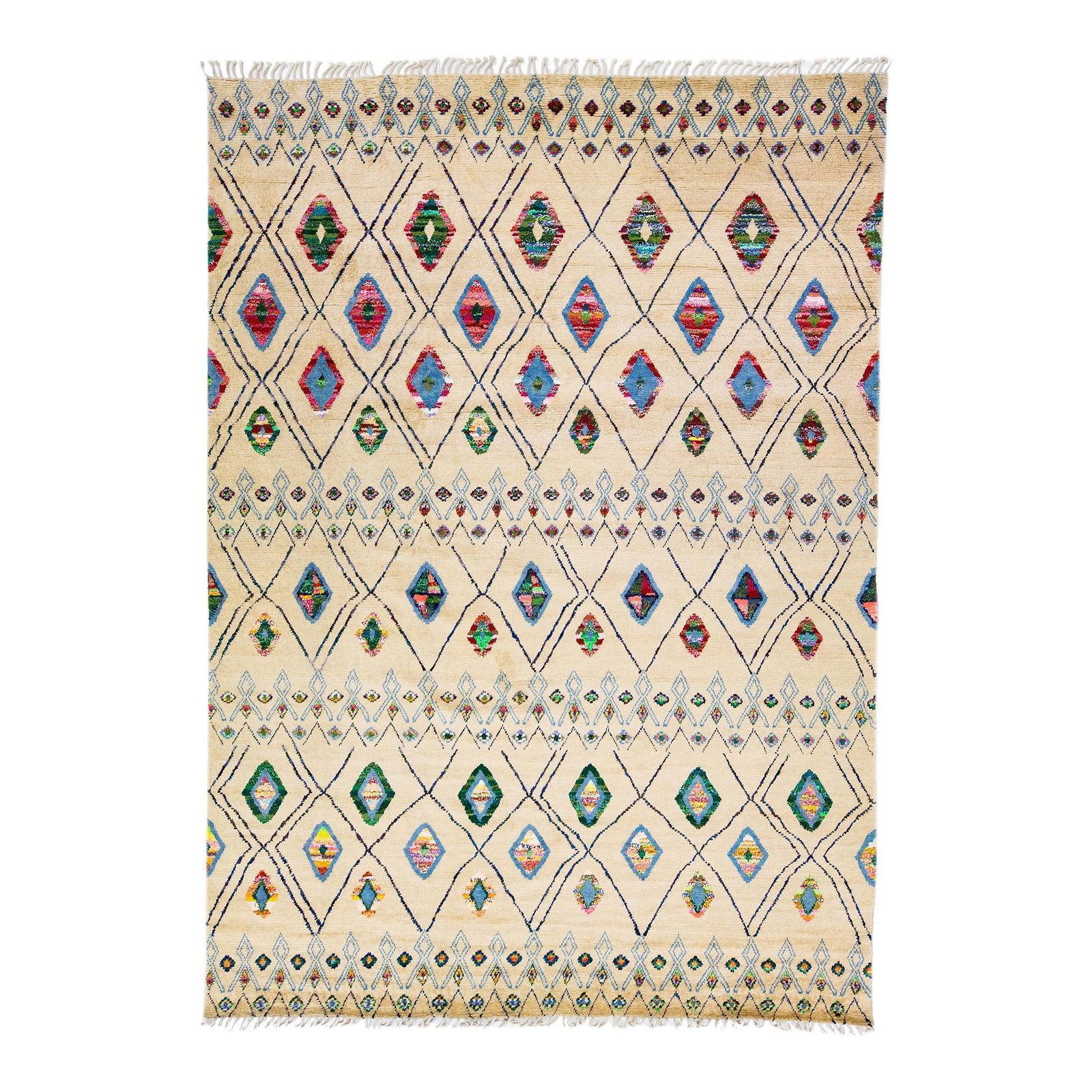 Handmade Moroccan Style Beige Wool Rug 10'2" x 14'4" Tribal Design: Handmade Moroccan Style Beige Wool Rug 10'2" x 14'4" Tribal Design Enhance your living space with this stunning modern Moroccan style handmade wool rug. Featuring a beautiful beige field complemented 