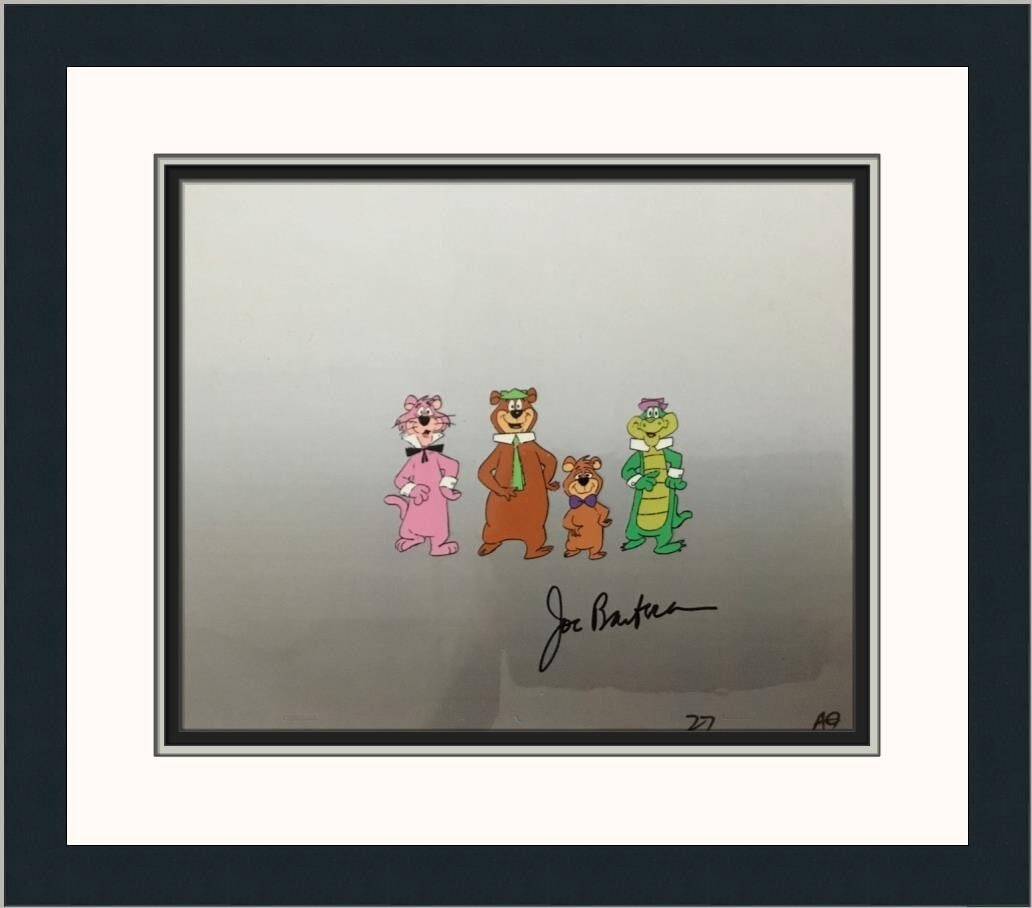 Yogi Bear Hand Painted Cel Signed by Joe Barbera Custom Framed: Yogi Bear Hand Painted Cel Signed by Joe Barbera Custom Framed Celebrate the whimsical world of animation with this exquisite hand-painted production cel featuring Yogi Bear from 'The Yogi Bear Show.'
