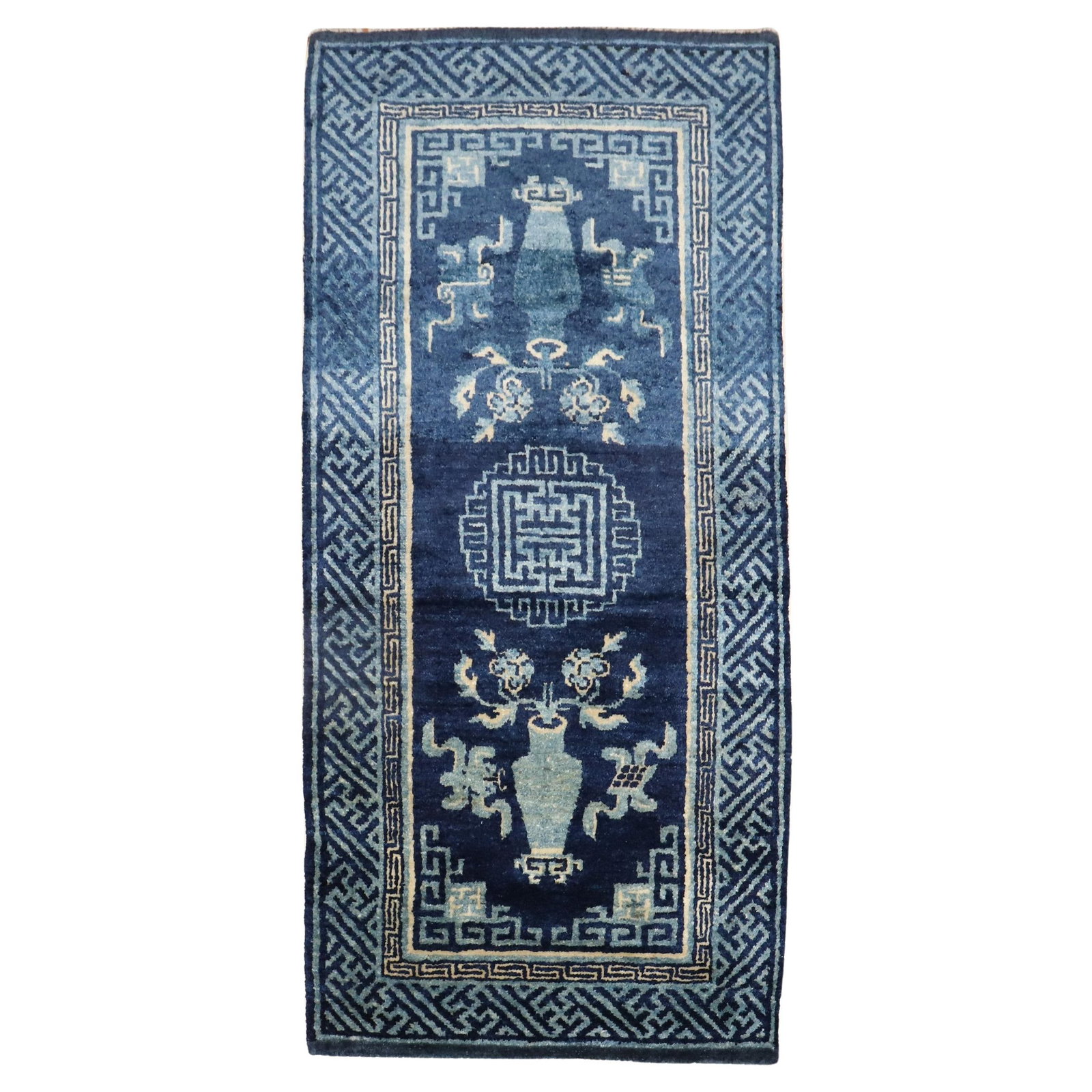 Early 20th Century Chinese Peking Hand-Woven Wool Rug 25 x 48: Early 20th Century Chinese Peking Hand-Woven Wool Rug 25 x 48 This exquisite early 20th-century scatter-size Chinese Peking rug features a captivating blue and white color palette, showcasing
