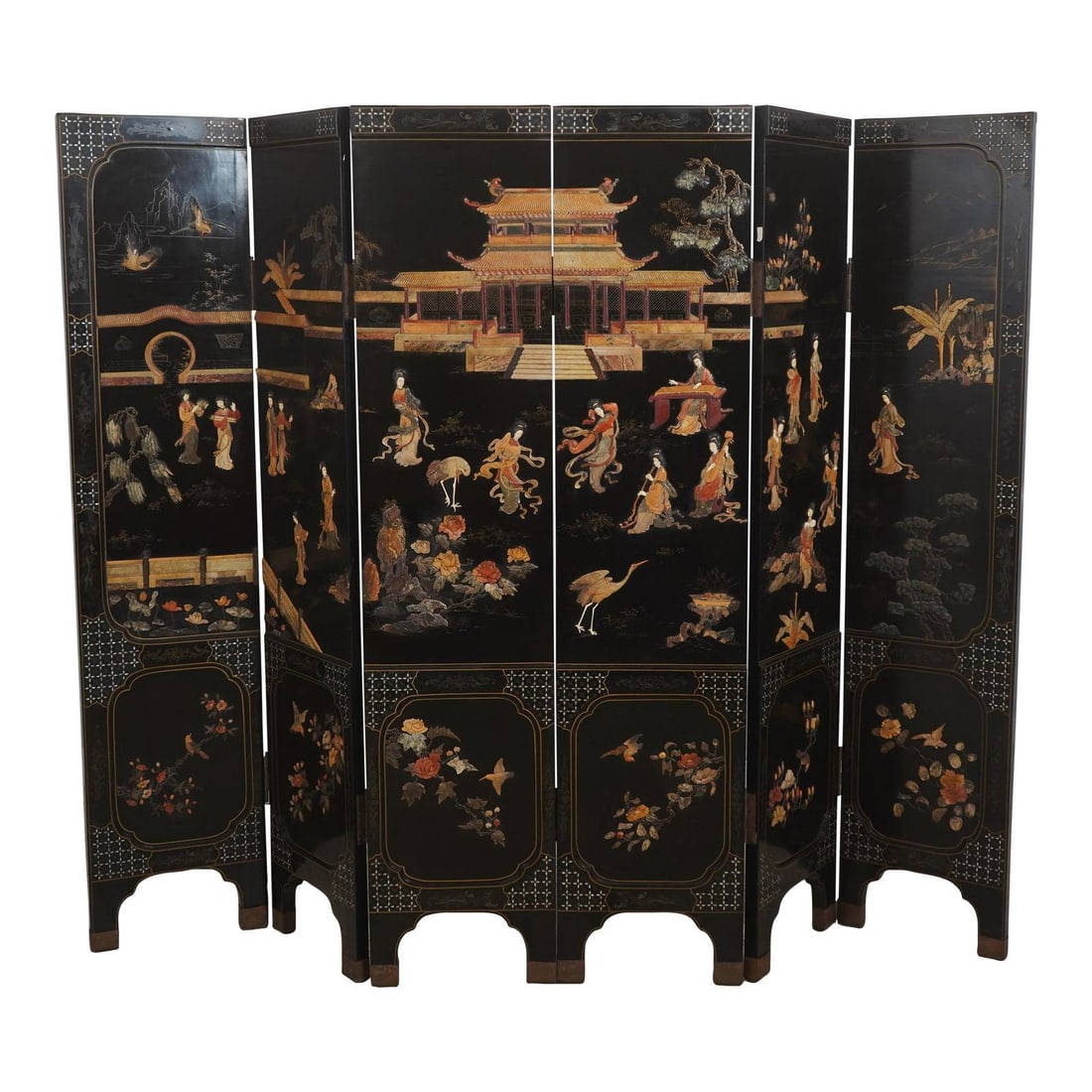 Vintage Chinoiserie Lacquer Room Divider 6 Panel Screen 99w x 78h: Vintage Chinoiserie Lacquer Room Divider 6 Panel Screen 99w x 78h Vintage Chinese lacquer ebonized 6-panel screen divider in Chinoiserie style, with raised details, fine carved details, and brass capp