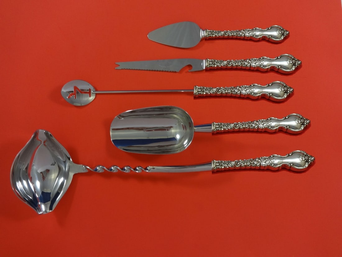 International Sterling Silver Du Barry Cocktail Bar Set 5pc: International Sterling Silver Du Barry Cocktail Bar Set 5pc Elevate your cocktail parties with the exquisite Du Barry by International Sterling Silver Cocktail Party Bar Set. This custom-made 5-piece