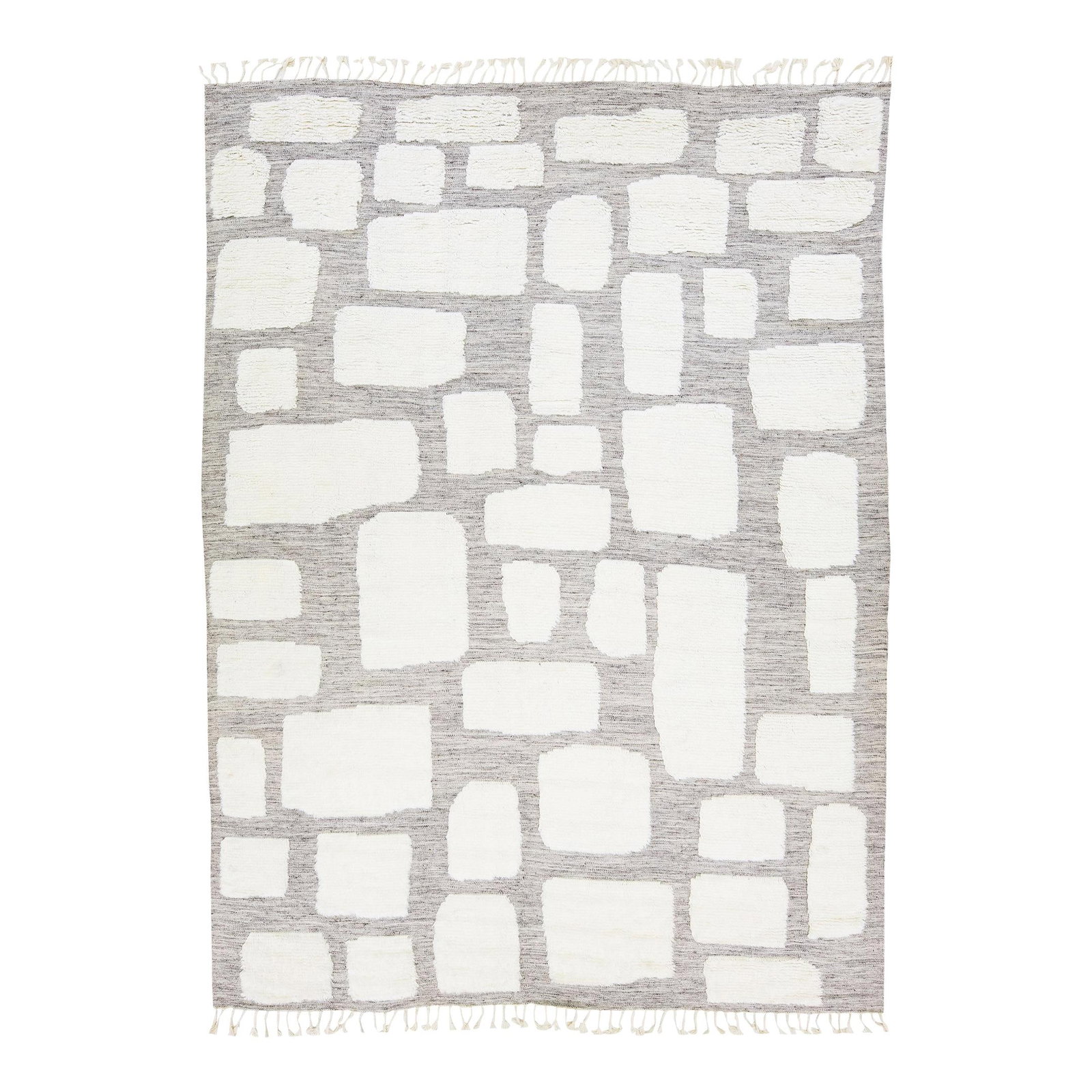 Modern Moroccan Hand-Knotted Wool Rug 9'10 x 13'6: Modern Moroccan Hand-Knotted Wool Rug 9'10 x 13'6 Elevate your space with this stunning modern Moroccan style hand-knotted wool rug. Featuring a light gray field adorned with elegant ivory accents,