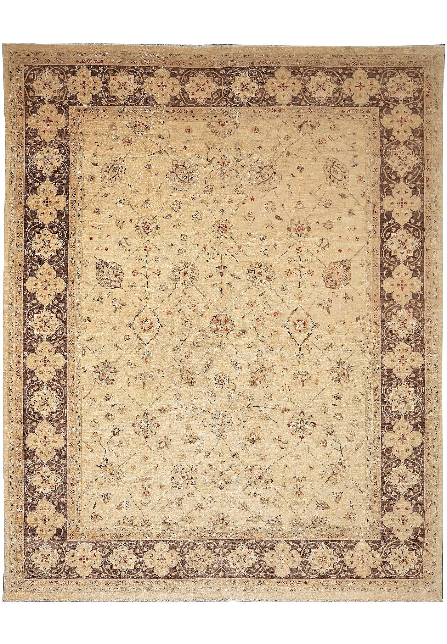 12 x 14.9 Chobi Peshawar Hand Knotted Wool Silk Area Rug Beige Brown: 12 x 14.9 Chobi Peshawar Hand Knotted Wool Silk Area Rug Beige Brown Free continental US Shipping This handcrafted Chobi Peshawar quality rug measures 12 x 14.9 feet and features a classic design