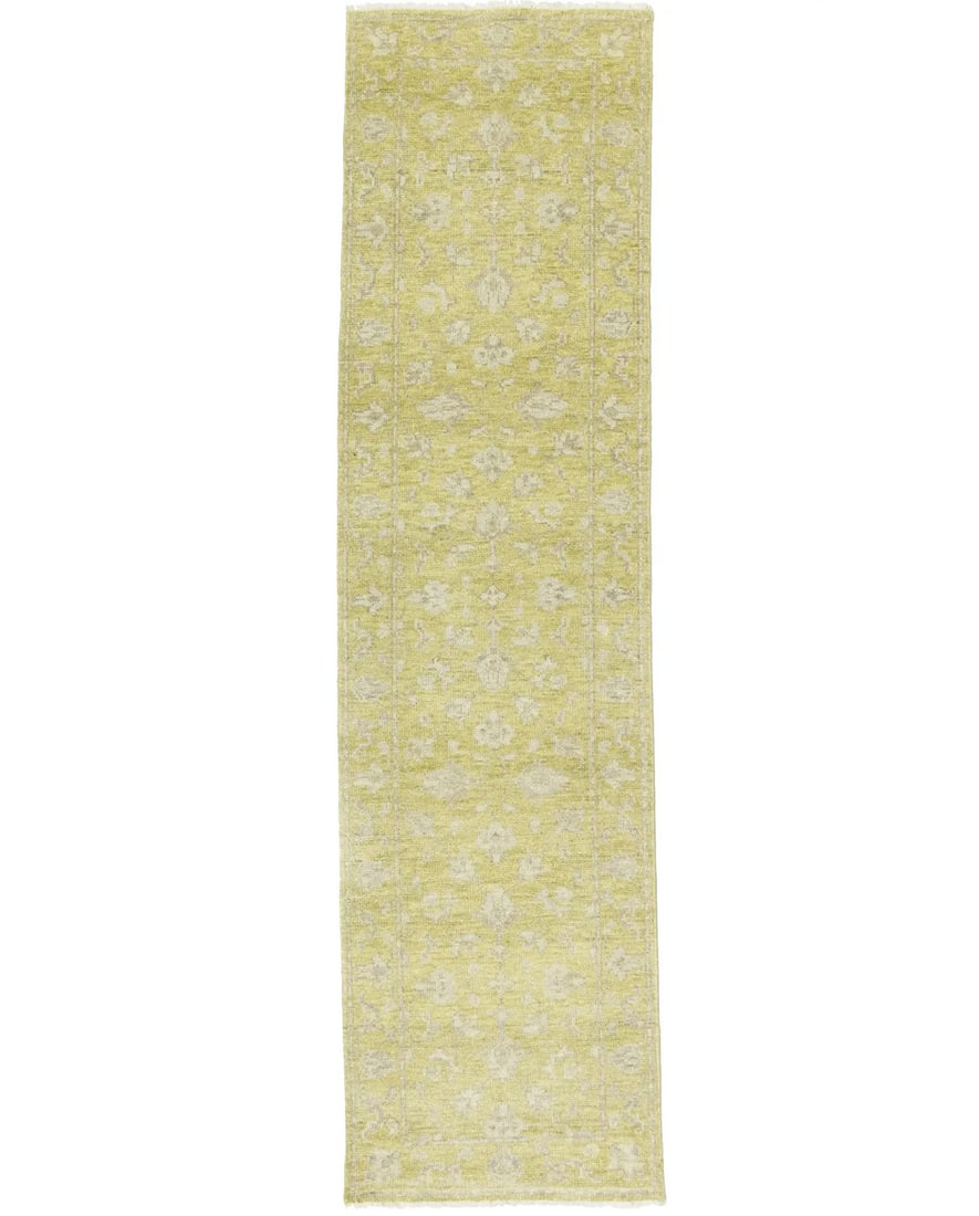 Hand Knotted Wool Floral Runner 2'7 x 9'11 Transitional Rug: Hand Knotted Wool Floral Runner 2'7 x 9'11 Transitional Rug This hand-knotted wool runner rug features a transitional oriental design with floral patterns in muted shades of golden yellow, cream, and