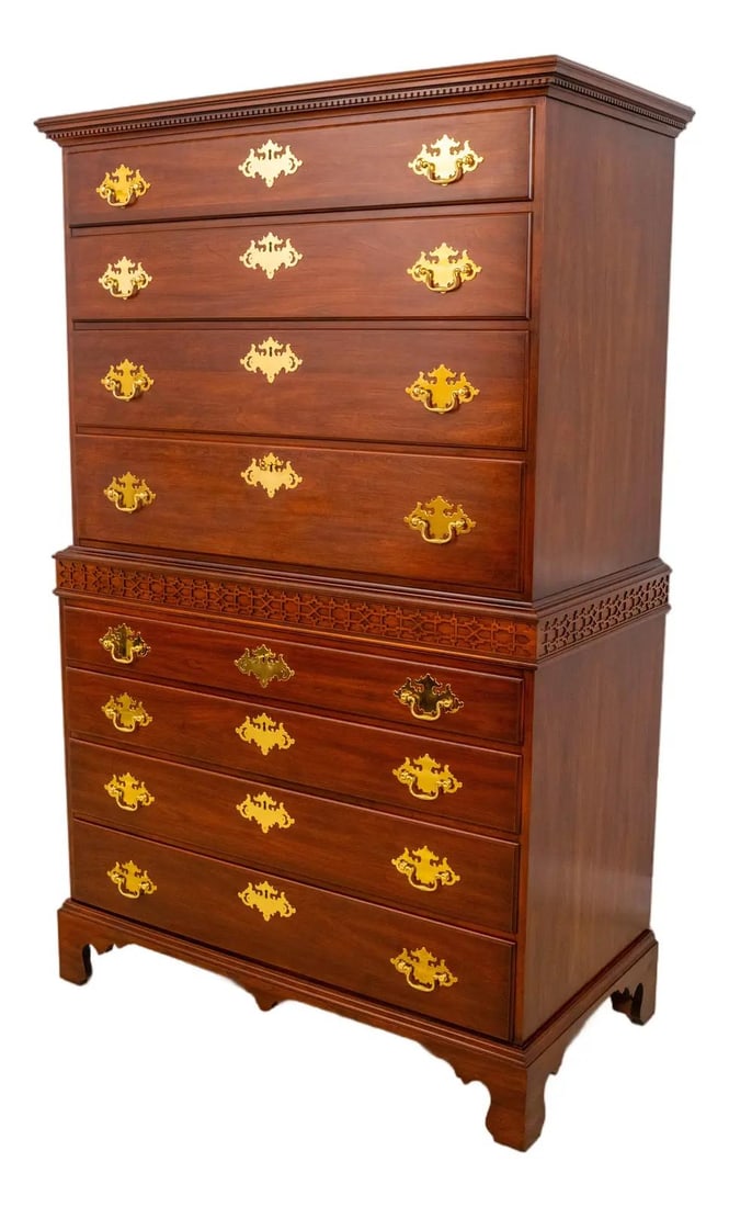 Henkel Harris Cherry Chippendale Highboy Chest Model 177 with Key: Henkel Harris Cherry Chippendale Highboy Chest Model 177 with Key Introducing the Henkel Harris Cherry Chippendale Perkins Highboy Chest on Chest, crafted around 1995. This stunning piece features a r