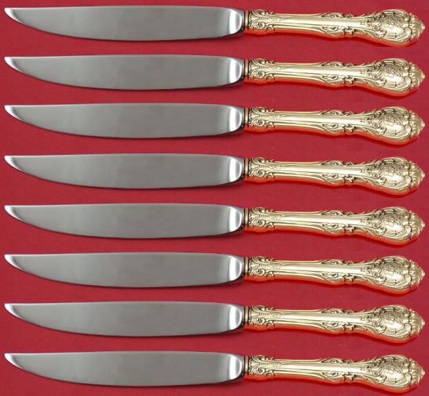 Gorham King Edward Sterling Silver 8pc Steak Knife Set Not Serrated: Gorham King Edward Sterling Silver 8pc Steak Knife Set Not Serrated This exquisite set of eight steak knives from Gorham features the elegant King Edward pattern, crafted from high-quality sterling si