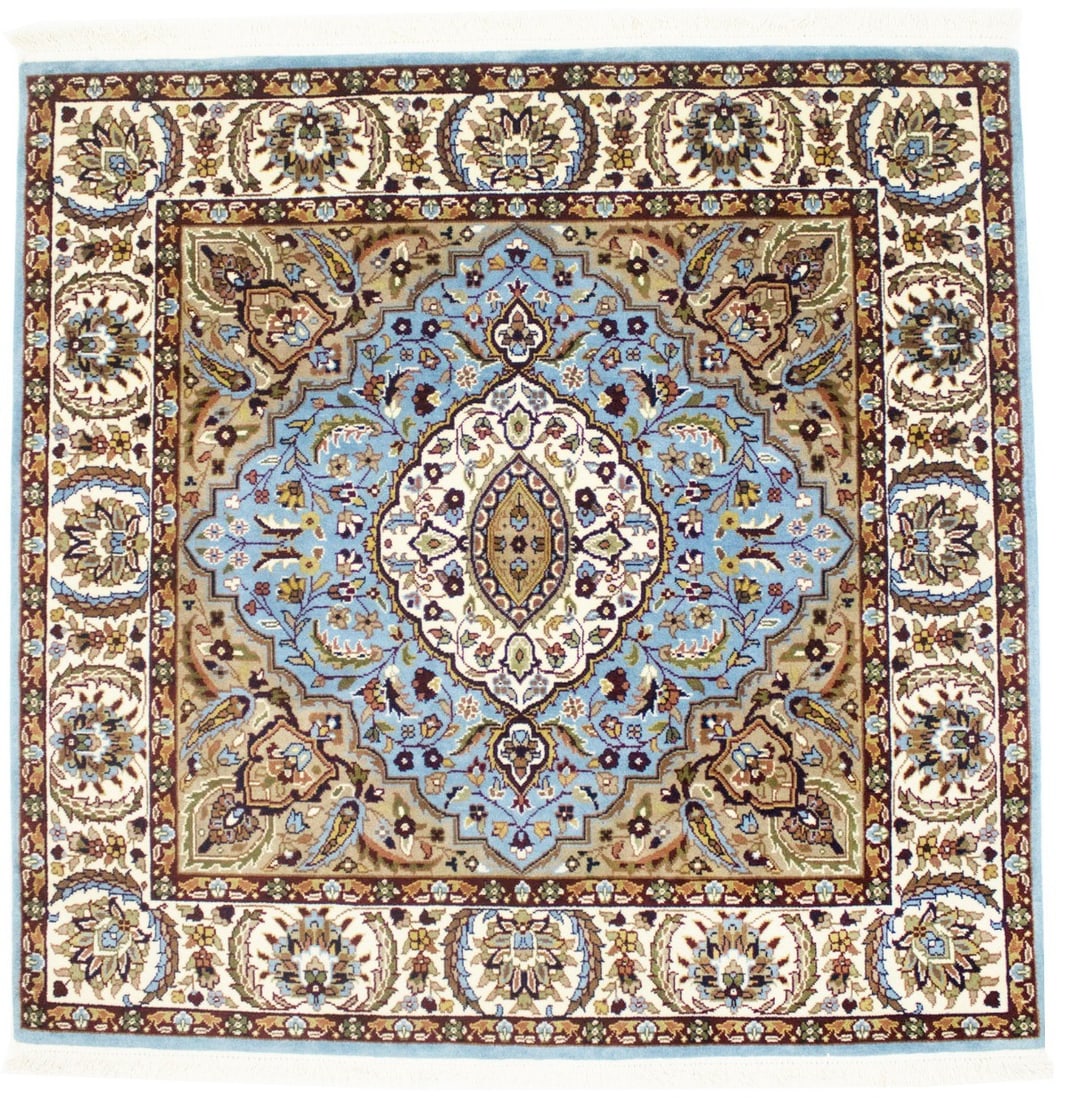 Hand-Knotted Floral Wool Area Rug 5x5 ft Blue Modern Design: Hand-Knotted Floral Wool Area Rug 5x5 ft Blue Modern Design Enhance your space with this exquisite Blue Hand-Knotted New Kirman Square Floral Wool Area Rug. Measuring 5' x 5', this stunning rug featur