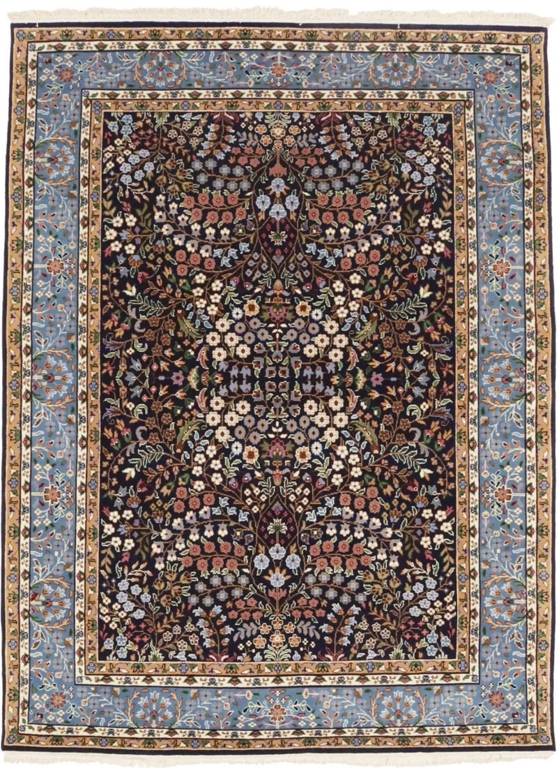 Handmade Kirman Wool Rug Navy Floral Design 5'8 x 7'7 Modern Style: Handmade Kirman Wool Rug Navy Floral Design 5'8 x 7'7 Modern Style Enhance your space with this Handmade Extra Fine Kirman Oriental Rug, featuring a stunning navy blue floral design. This exquisite ar