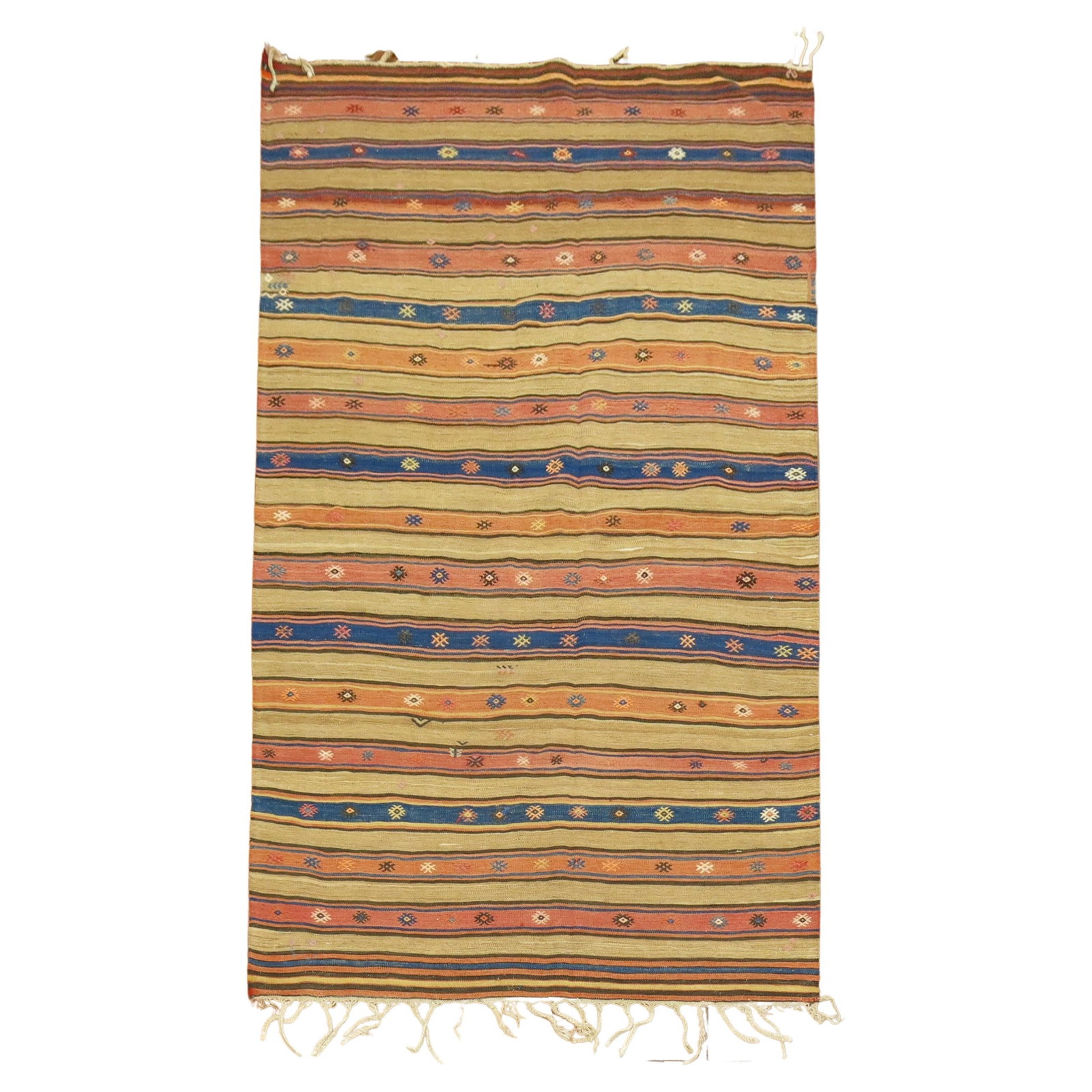 Rustic Antique Turkish Kilim Hand-Woven Wool 5' x 8': Rustic Antique Turkish Kilim Hand-Woven Wool 5' x 8' This exquisite Antique Turkish Kilim features a rustic design, hand-woven from high-quality wool, showcasing traditional craftsmanship from Turkey.