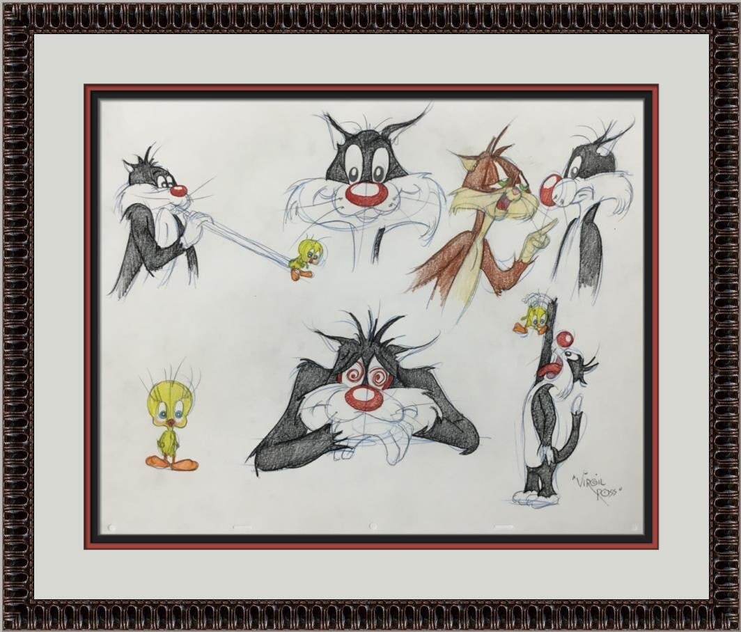 Virgil Ross Signed Sylvester Tweety Model Sheet Custom Framed Artwork: Virgil Ross Signed Sylvester Tweety Model Sheet Custom Framed Artwork Explore this unique piece of animation history with an original model sheet drawing featuring the beloved characters Sylvester and