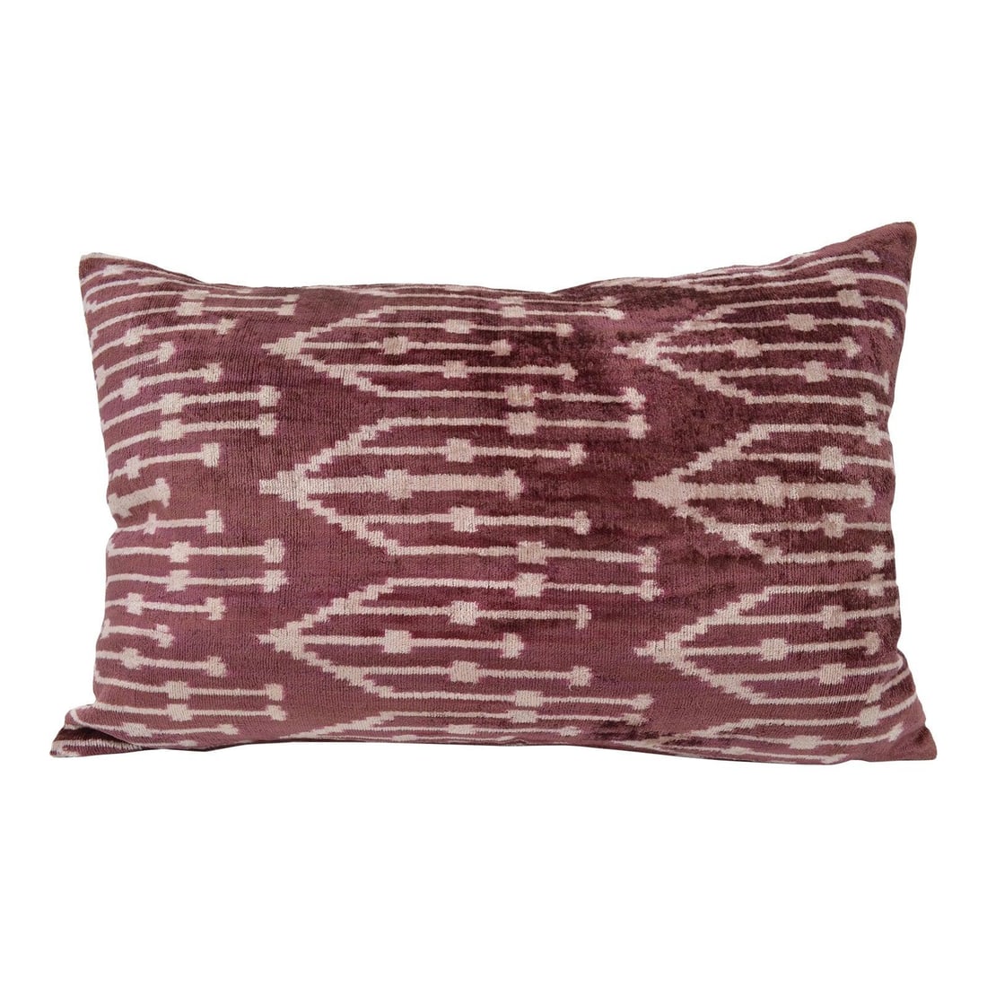 Mauve Silk Ikat Velvet Pillow with Linen Backing: Mauve Silk Ikat Velvet Pillow with Linen Backing This hand-made pillow cushion features a luxurious silk Uzbek Ikat velvet front, complemented by a natural linen backing and a hidden zipper for a seam