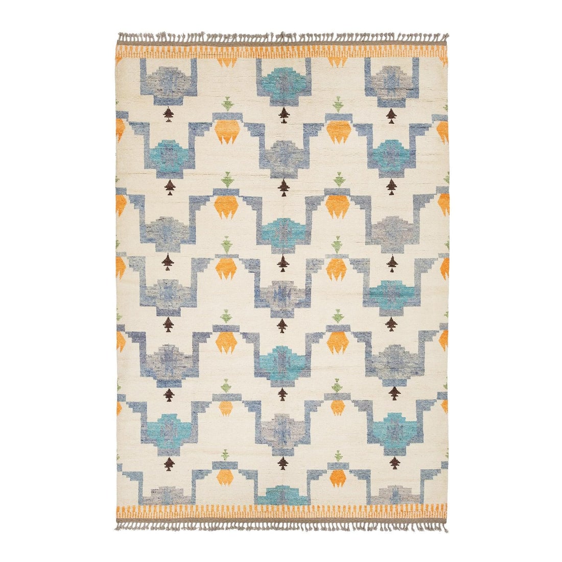 Moroccan Inspired Wool Geometric Rug 10'3 x 14'11: Moroccan Inspired Wool Geometric Rug 10'3 x 14'11 This hand-knotted wool rug showcases a modern take on Moroccan style, featuring playful geometric motifs in a harmonious blend of sky blue, soft slate