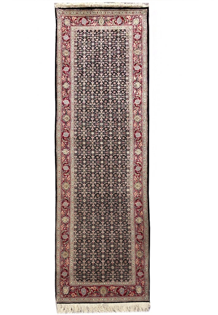 8 Feet Herati Fish Tabriz Fine Wool Silk Runner Rug Black: 8 Feet Herati Fish Tabriz Fine Wool Silk Runner Rug Black Free continental US Shipping This exquisite 8-foot Herati Fish Tabriz runner rug features a stunning black design, expertly crafted from a lux