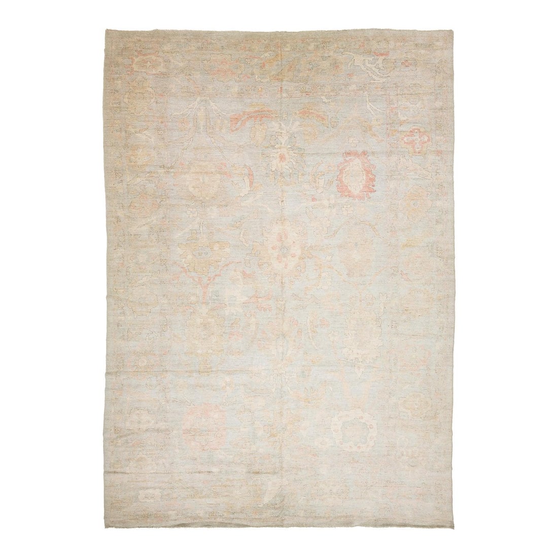 13'9 x 19'5 Hand Knotted Oushak Wool Rug Ivory: 13'9 x 19'5 Hand Knotted Oushak Wool Rug Ivory This hand-knotted Modern Oushak rug features a sophisticated blend of muted ivory, soft blue-sage, and antique peach tones. Crafted from wool, it offers 