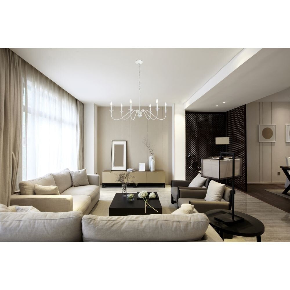 LIVING DISTRICT ROHAN 6 Light White Farmhouse Chandelier 42 inch: LIVING DISTRICT ROHAN 6 Light White Farmhouse Chandelier 42 inch This modern farmhouse chandelier features a white metal frame in the style of wrought iron, designed to complement dining rooms, living