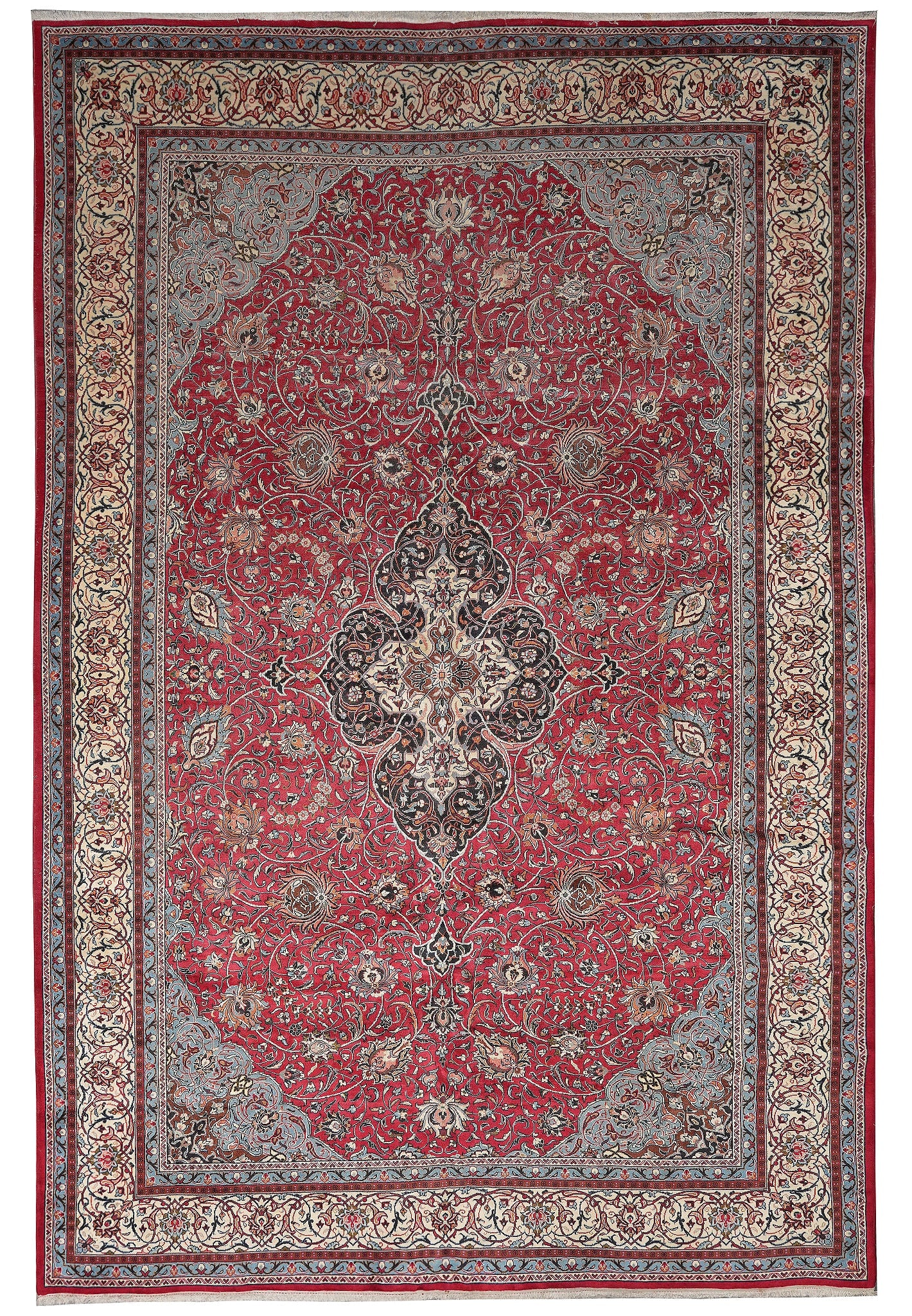 11 x 15.9 Persian Tabriz Rug: 11 x 15.9 Persian Tabriz Rug Free continental US Shipping A pre-owned Persian Tabriz rug with a hand-knotted wool construction and a soft, durable pile. The design is described as a Chobi Peshawar sty