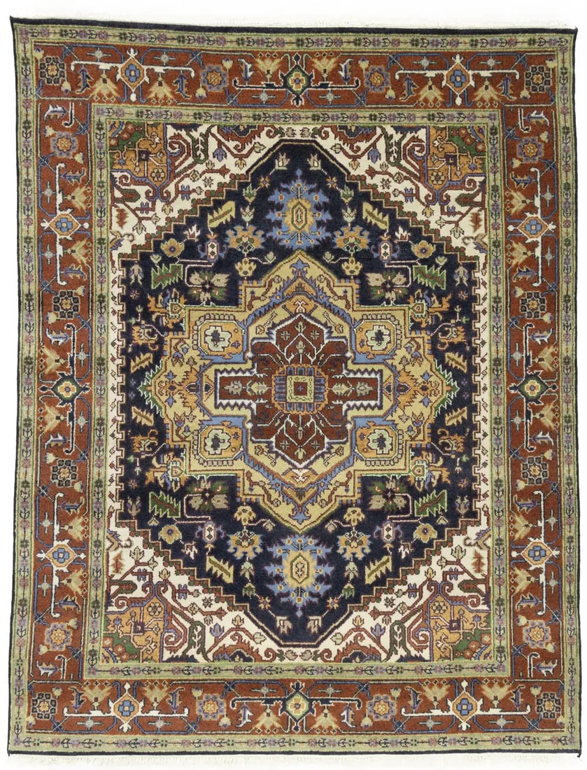 Wool Hand-Knotted Area Rug Modern Heriz Serapi Pattern 7'11 x 10'3: Wool Hand-Knotted Area Rug Modern Heriz Serapi Pattern 7'11 x 10'3 This hand-knotted Heriz Serapi oriental rug features a striking geometric and floral pattern in a palette of dark purple, navy, rust,