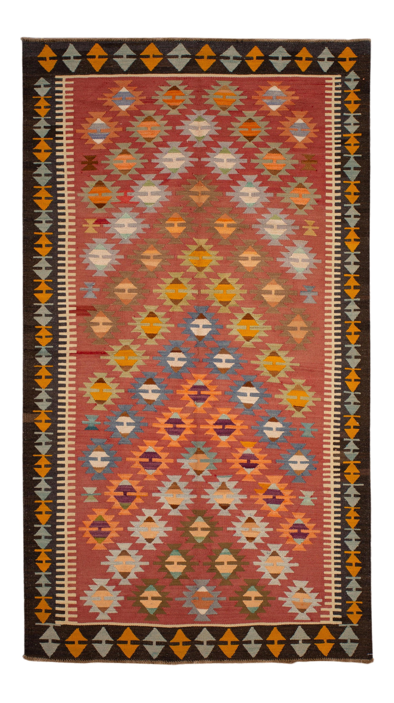 Mid-Century Hand-Woven Wool Kilim Rug 4'8 x 8'2 Geometric Design: Mid-Century Hand-Woven Wool Kilim Rug 4'8 x 8'2 Geometric Design This stunning mid-20th century vintage Kilim rug features a hand-woven geometric design, showcasing exquisite detailing and vibrant col
