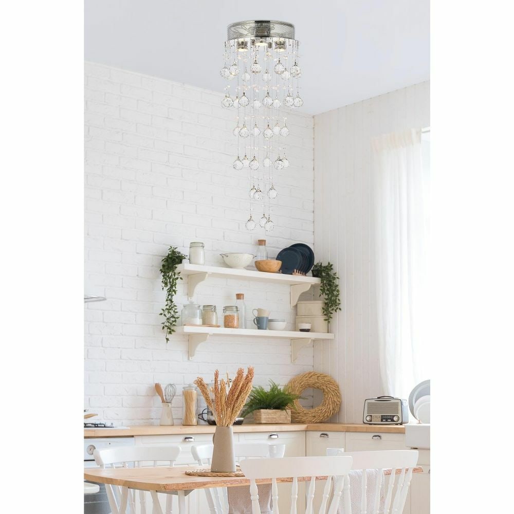 Galaxy 3-Light Chrome Flush Mount Crystal Ceiling Fixture: Galaxy 3-Light Chrome Flush Mount Crystal Ceiling Fixture This modern flush mount chandelier features a striking chrome finish and royal cut clear crystal accents, delivering a contemporary rain drop 