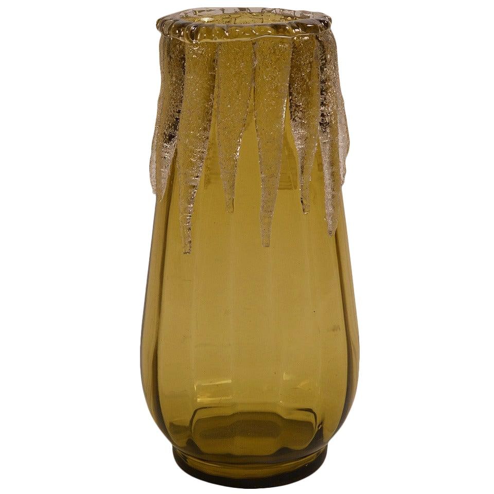 Victorian Art Glass Vase Green with Icicle Edge Treatment: Victorian Art Glass Vase Green with Icicle Edge Treatment This captivating Victorian art glass bowl features a stunning amber hue complemented by a clear textured 'icicle' application along the top ed